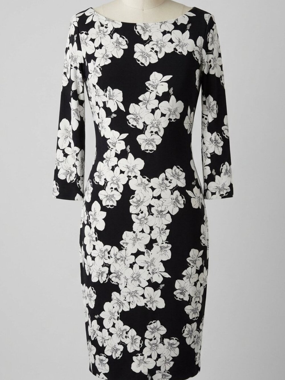 ERDEM Analena Orchid Print Dress Black White Floral Stretch Bodycon XS